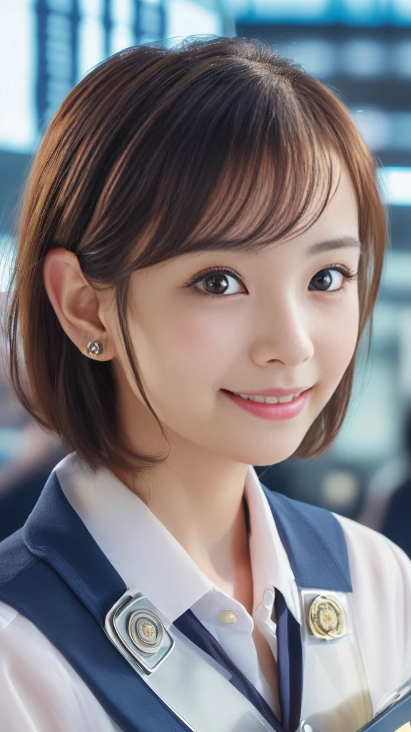 (anime,portrait,highly-detailed,photorealistic:1.2,best quality,4k,8k,highres,masterpiece:1.2), (ultra-detailed, realistic, photorealistic:1.37), (portrait of a young smiling Japanese girl with an innocent and super ultra cute expression, photorealistic style:1.2), (Close-up of her eyes with perfect, clear and beautiful details:2.0), (her eyes are extremely enchanting:1.5), (her baby-like face is exquisitely detailed, showing every fine feature:1.5), (She has a short hair:1.5), (neatly-styled hair enhances her charm:1.0), (She is a cabin attendant:2.0),(She is wearing a navy blue uniform:1.5), (looking both professional and captivating:1.5), (her radiant smile exudes joy and warmth:1.0), (the sunlight gently illuminates her pretty face, casting a gentle and warm lighting:1.25), the colors are vibrant, enhancing the overall vibrancy of the portrait:1.0.(She is at the airport:1.75).