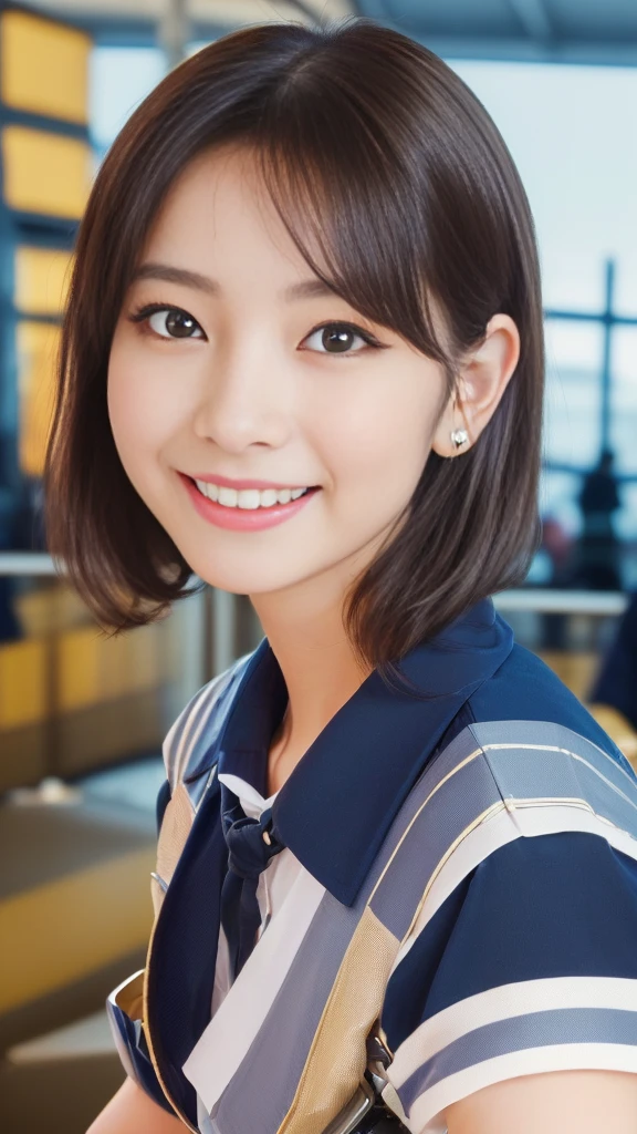 (anime,portrait,highly-detailed,photorealistic:1.2,best quality,4k,8k,highres,masterpiece:1.2), (ultra-detailed, realistic, photorealistic:1.37), (portrait of a young smiling Japanese girl with an innocent and super ultra cute expression, photorealistic style:1.2), (Close-up of her eyes with perfect, clear and beautiful details:2.0), (her eyes are extremely enchanting:1.5), (her baby-like face is exquisitely detailed, showing every fine feature:1.5), (She has a short hair:1.5), (neatly-styled hair enhances her charm:1.0), (She is a cabin attendant:2.0),(She is wearing a navy blue uniform:1.5), (looking both professional and captivating:1.5), (her radiant smile exudes joy and warmth:1.0), (the sunlight gently illuminates her pretty face, casting a gentle and warm lighting:1.25), the colors are vibrant, enhancing the overall vibrancy of the portrait:1.0.(She is at the airport:1.75).