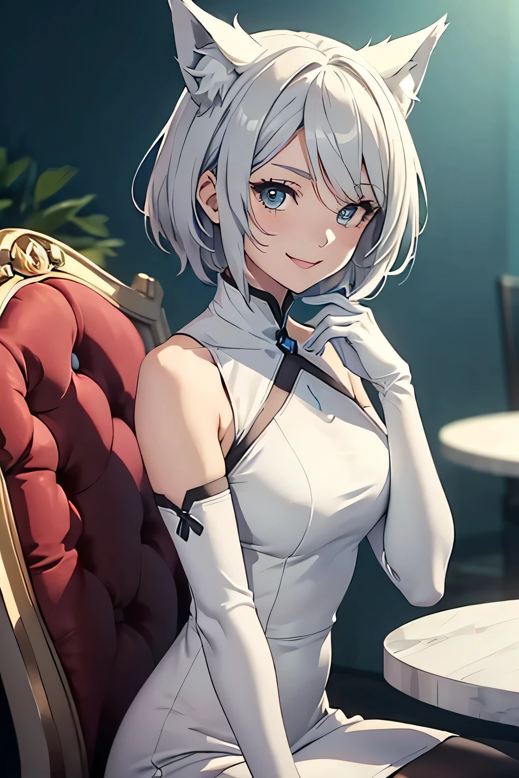 Tabletop　 Best image quality　wonderful　Attention to detail　One Young Woman（（Adult））Anime Style　whole body　White long dress（Sleeveless）　White long gloves（Elbow Gloves）　White pantyhose（Plain）　Wolf Ears　short hair（（Shortcuts）（Gray Hair）（Curly Hair）（fluffy））　smile（Happy）　Eye color is blue　background（Hotel）　Sit on a chair