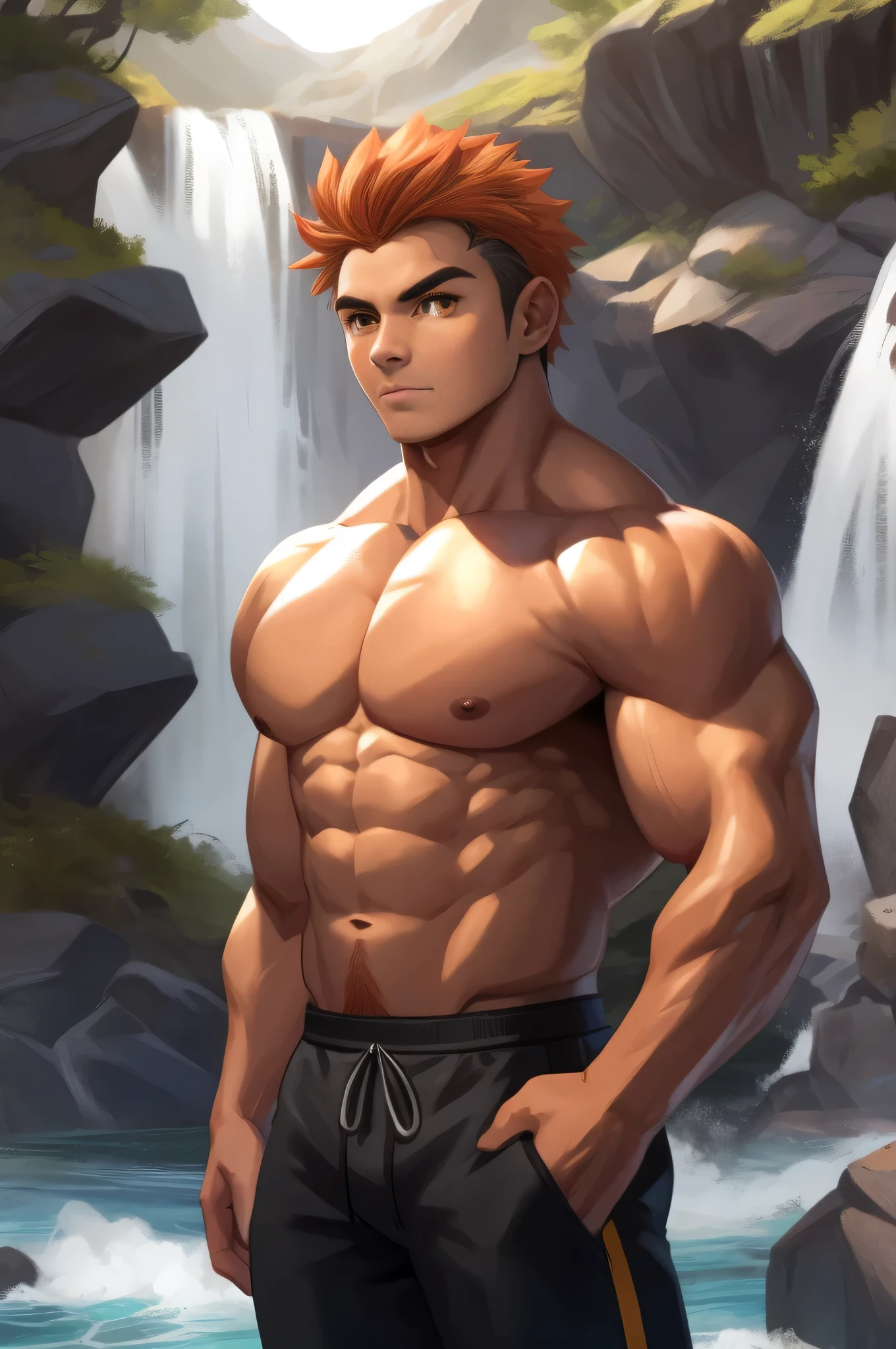 A very attractive young man with very short dark orange hair combed severely back, (hairy) although 4 small strands of hair barely a couple of centimeters long fall on his forehead, his skin is tanned in a copper tone and amber eyes. He is shirtless and is only wearing black martial arts pants. He is very muscular with broad shoulders, prominent pectorals and very marked abs, training in the mountains with a waterfall behind him.