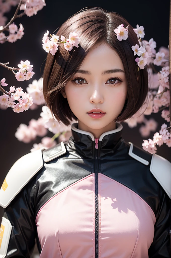 Beautiful Japan young woman, Wearing protective suits made of diamonds and sapphires, Thick symmetry features, Very short hair, Background with cherry blossoms, pink halo, Red lips, Octane Rendering,