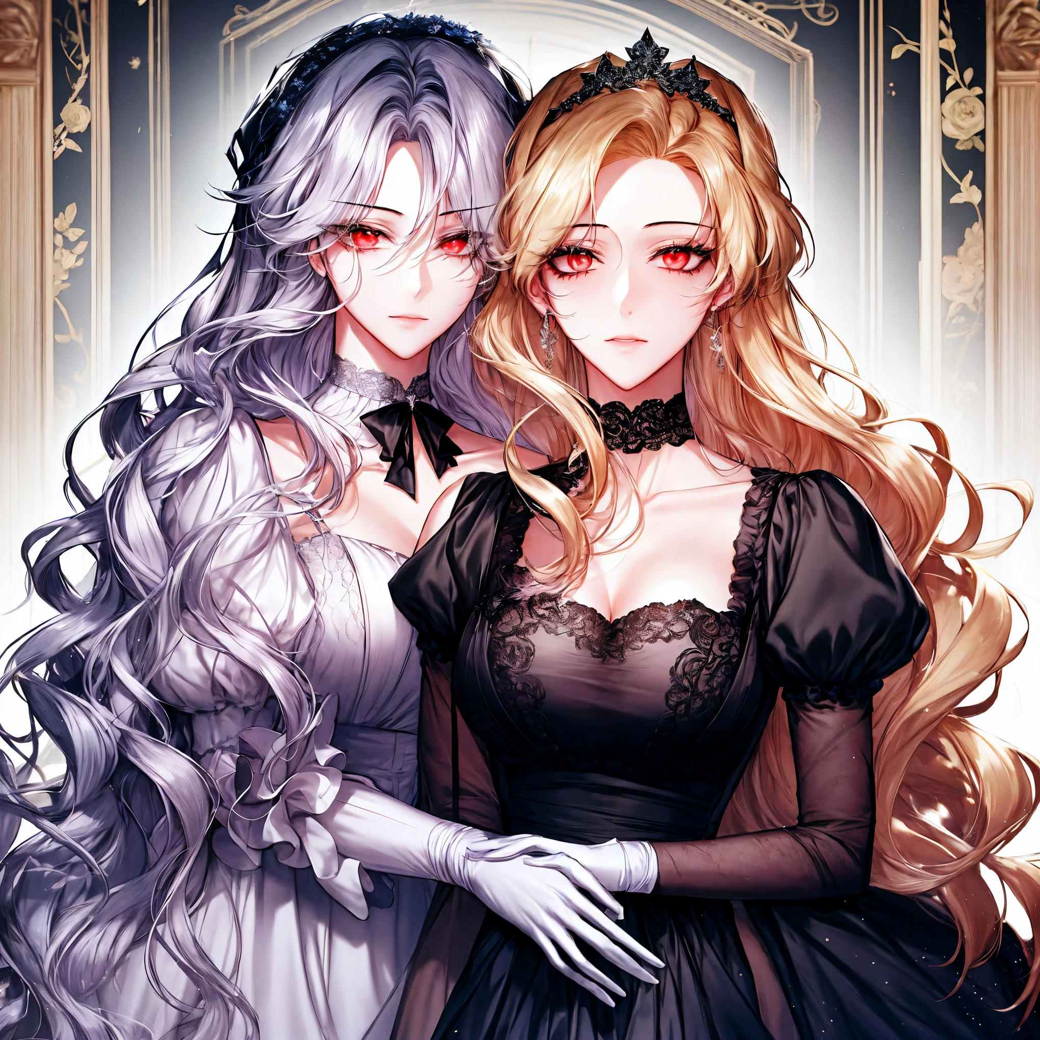 shoujo-style, (floral background), romance manhwa, (2girls, aligned), silver hair, blonde hair, solo, long hair, flower, dress, tiara, white dress, gloves, long sleeves, choker, green eyes, red eyes, mascara, makeup, white gloves, black bow, black flower, wavy hair, bow, jewelry, looking at viewer, white background, collarbone, puffy sleeves, silver accessories, upper body, parted bangs, very long hair, blue dress, frills, bangs, closed mouth, detailed eyes, (close up), gleaming skin, shiny glossy skin