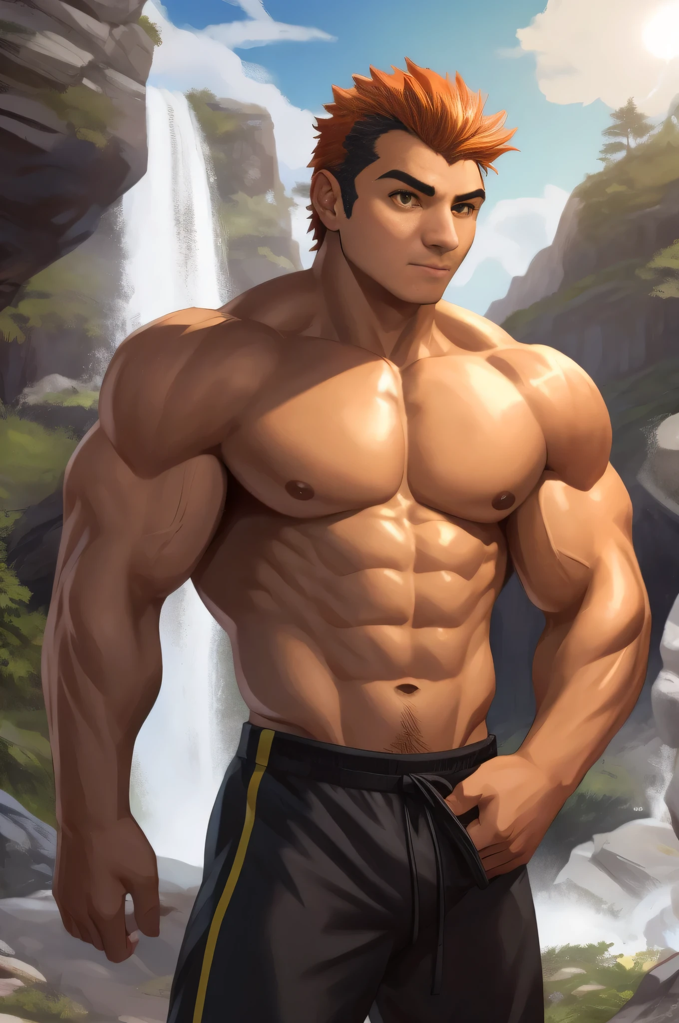 A very attractive young man with very short dark orange hair combed severely back, (hairy) although 4 small strands of hair barely a couple of centimeters long fall on his forehead, his skin is tanned in a copper tone and amber eyes. He is shirtless and is only wearing black martial arts pants. He is very muscular with broad shoulders, prominent pectorals and very marked abs, training in the mountains with a waterfall behind him.