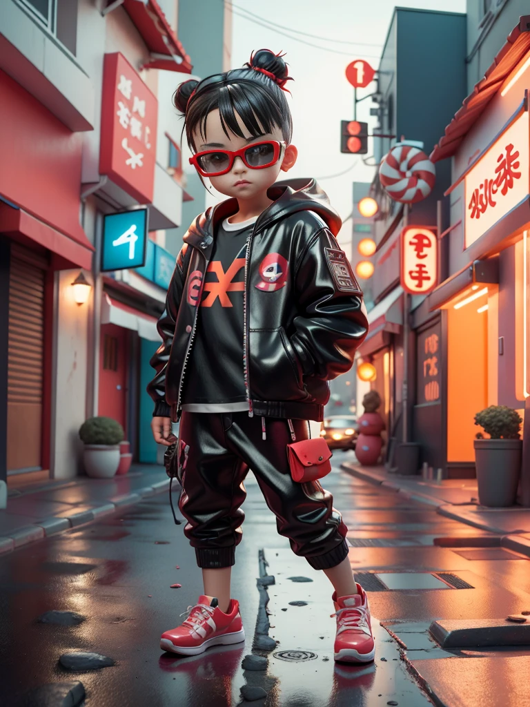 3d Toy, 3D Rendering, intellectual property, Cyberpunk style, Red Cliff, , mask, Simple background, best quality, C4D, Blender, 3D Model, Toy, Bright colors, Street style, high resolution, Lots of details, Pixar, Candy colors, Big Shoes, fashion, Art