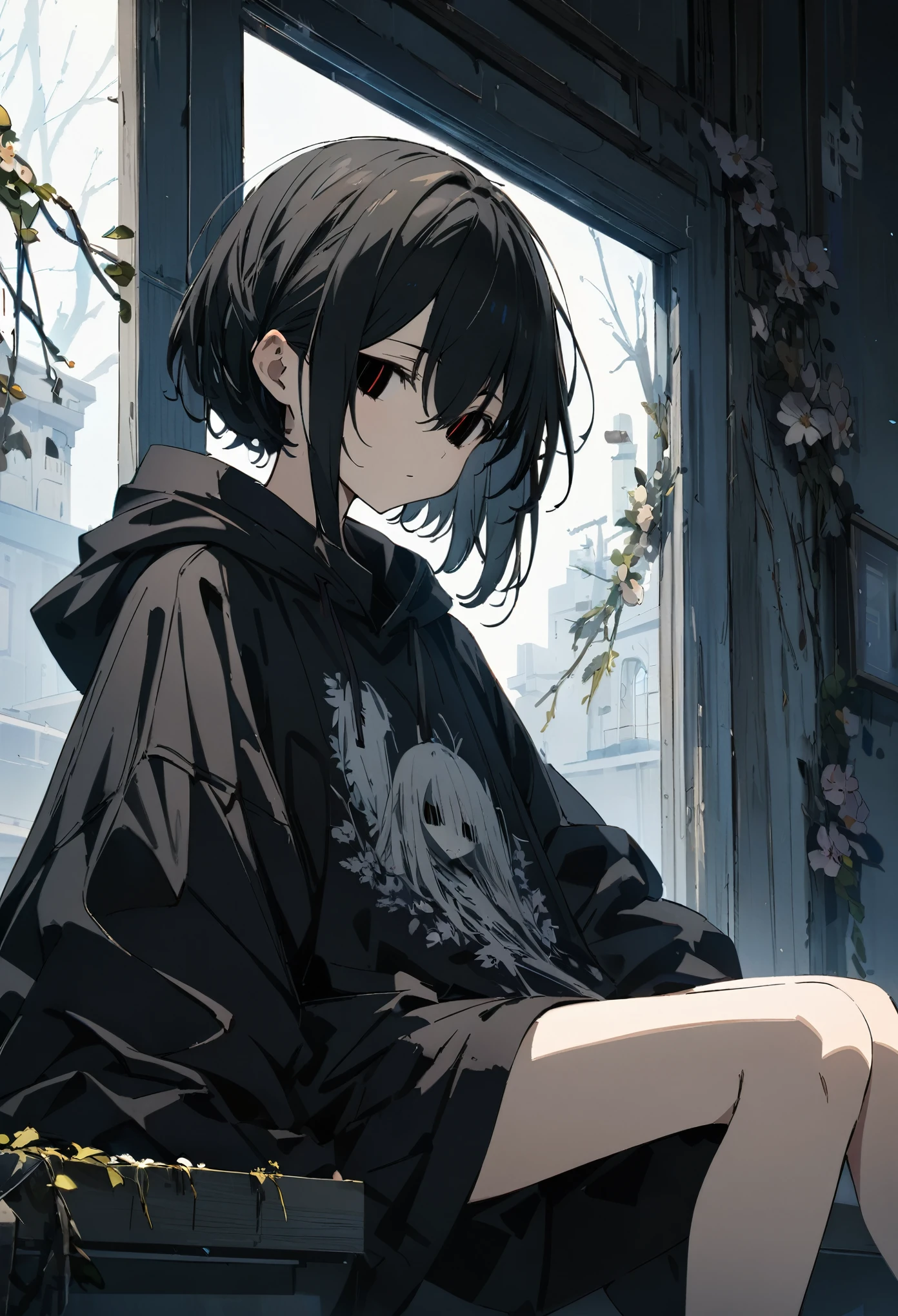 Anime girl sitting on a window sill looking out the window - SeaArt AI