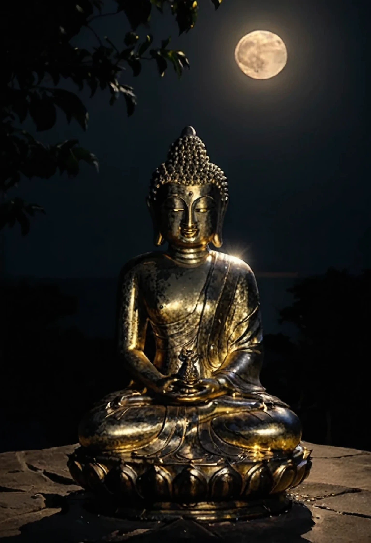 Realistic and detailed,The moonlight shines brightly in the sky.,There are angels flying around.,The Buddha statue came to sit hidden in the moon.