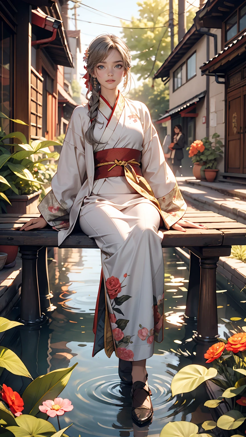 2D, Ancient style, Spring Garden, Outdoor, Gray Hair, Hanfu, nature, There is a pond in the middle of the courtyard, Begonia floating in the pond, Girl sitting on a bench in the hallway, Wearing a transparent feather robe, Holding a bamboo flute, Random posture, Intricate details, highest quality, Ray Tracing, rendering, 8k, masterpiece、smile