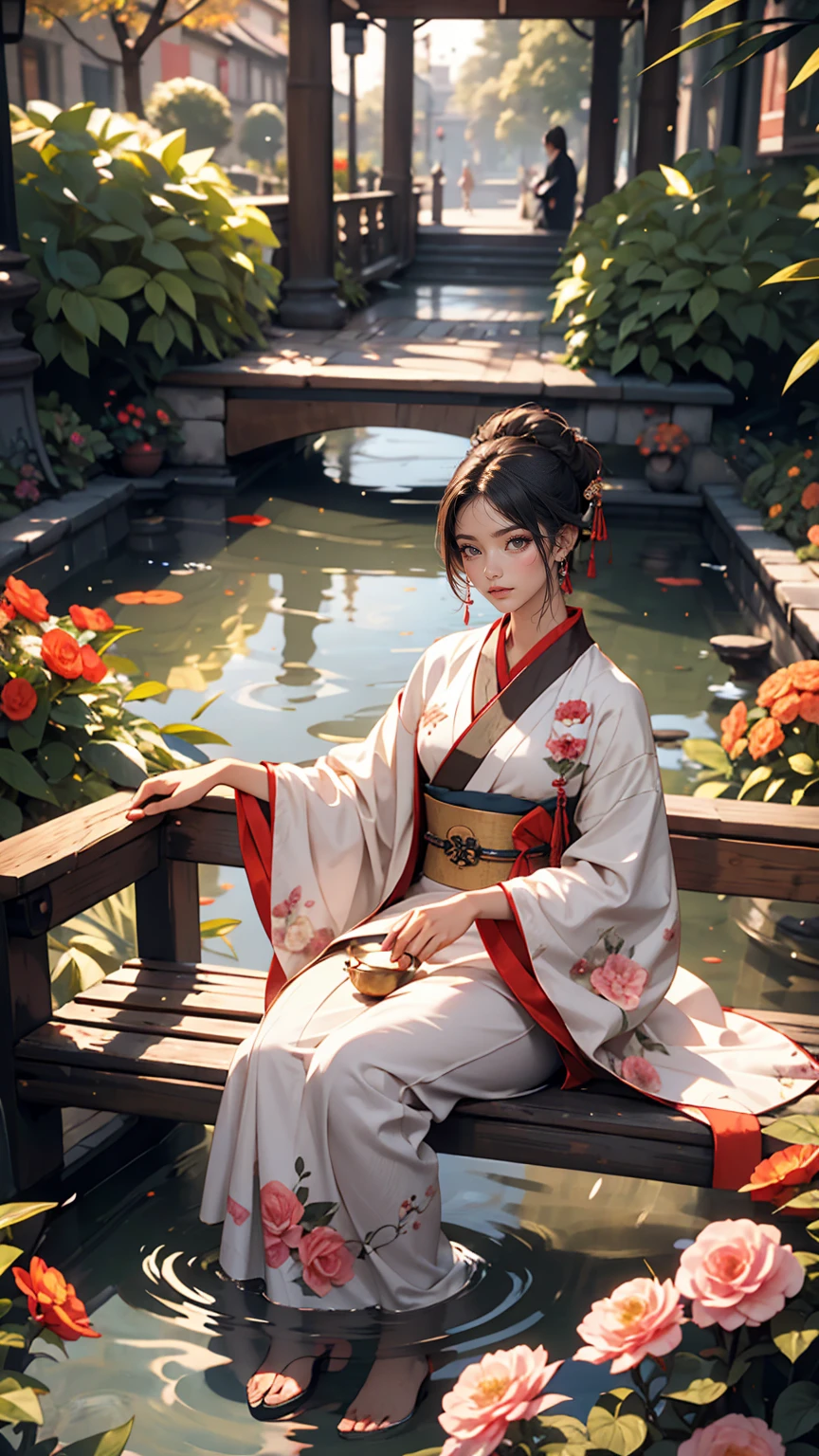 2D, Ancient style, Spring Garden, Outdoor, Gray Hair, Hanfu, nature, There is a pond in the middle of the courtyard, Begonia floating in the pond, Girl sitting on a bench in the hallway, Wearing a transparent feather robe, Holding a bamboo flute, Random posture, Intricate details, highest quality, Ray Tracing, rendering, 8k, masterpiece、smile