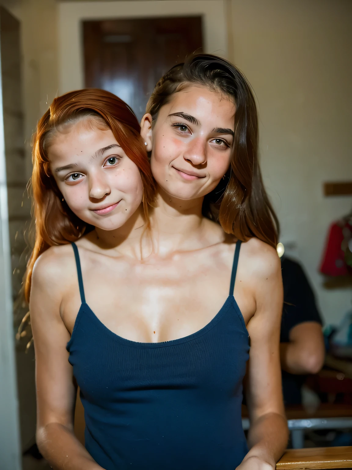 two-headed girl, (13-year-old girl with her 17-year-old sister:1.5), (uncomfortable:1.5), (pelirrojo:1.1)
