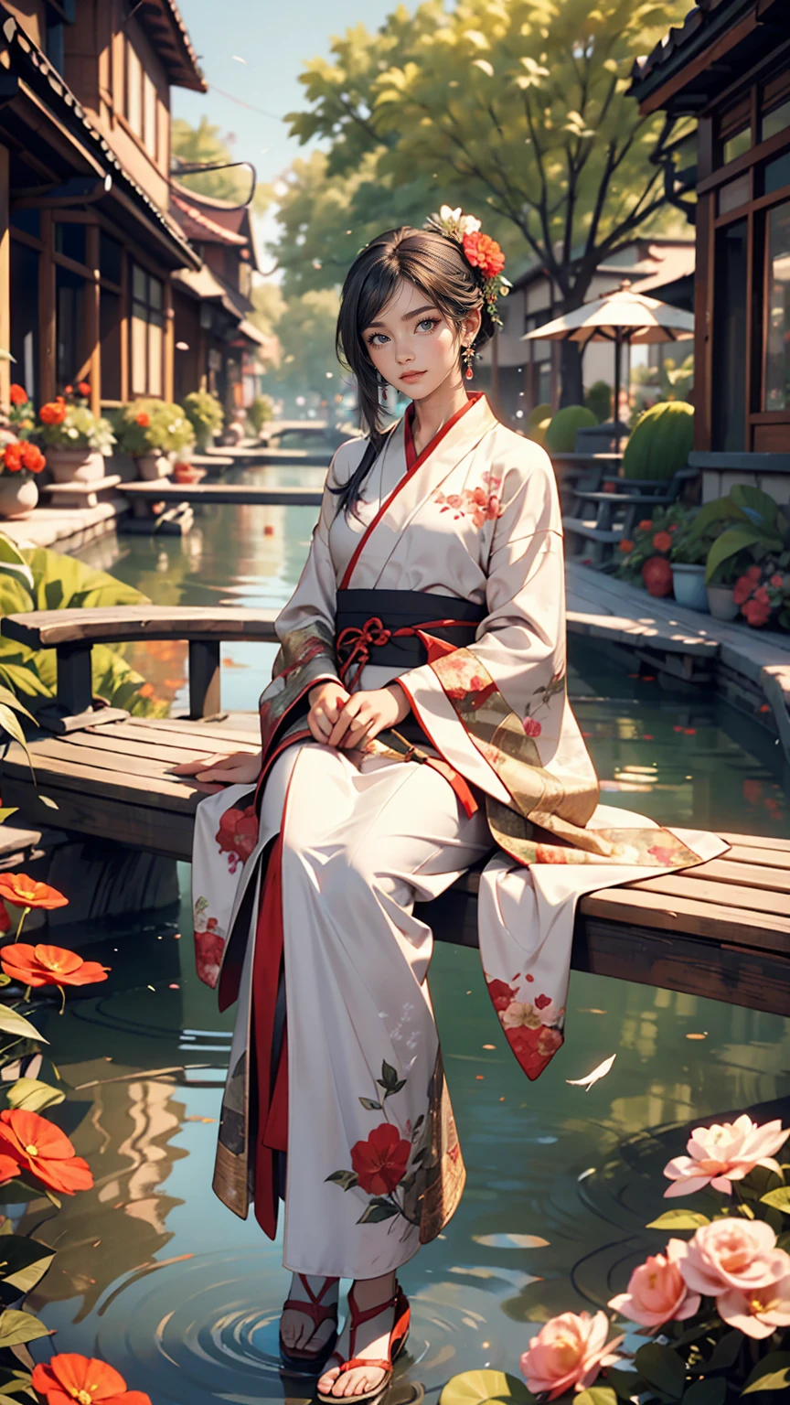 2D, Ancient style, Spring Garden, Outdoor, Gray Hair, Hanfu, nature, There is a pond in the middle of the courtyard, Begonia floating in the pond, Girl sitting on a bench in the hallway, Wearing a transparent feather robe, Holding a bamboo flute, Random posture, Intricate details, highest quality, Ray Tracing, rendering, 8k, masterpiece、smile