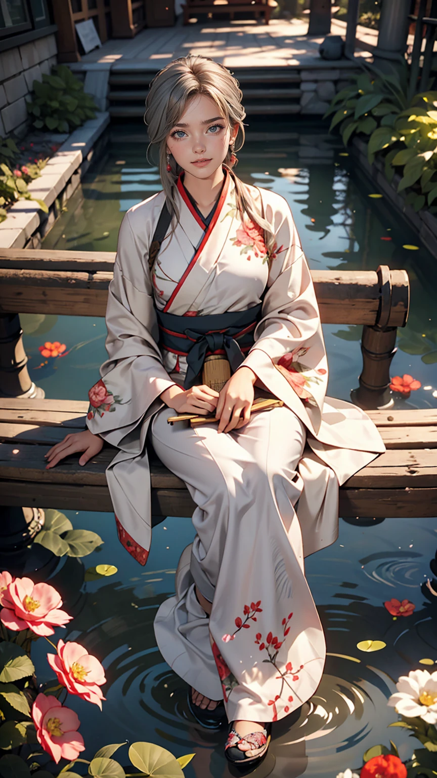 2D, Ancient style, Spring Garden, Outdoor, Gray Hair, Hanfu, nature, There is a pond in the middle of the courtyard, Begonia floating in the pond, Girl sitting on a bench in the hallway, Wearing a transparent feather robe, Holding a bamboo flute, Random posture, Intricate details, highest quality, Ray Tracing, rendering, 8k, masterpiece、smile