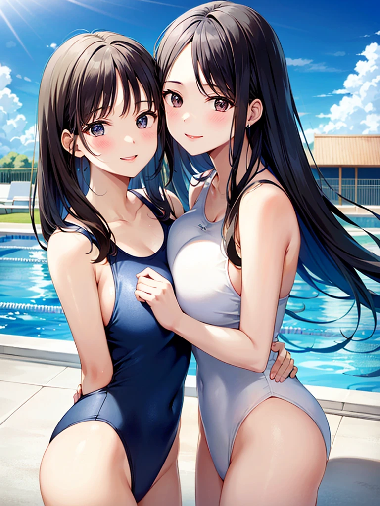 masterpiece、High resolution、High resolution、high quality、High resolution、Two  girls hugging each other、Pompadour、The forehead is visible、Beautiful lipoist lips、Very large breasts、Courting face、Smiling with teeth showing、((near))、White one piece swimsuit、Pool、blue sky