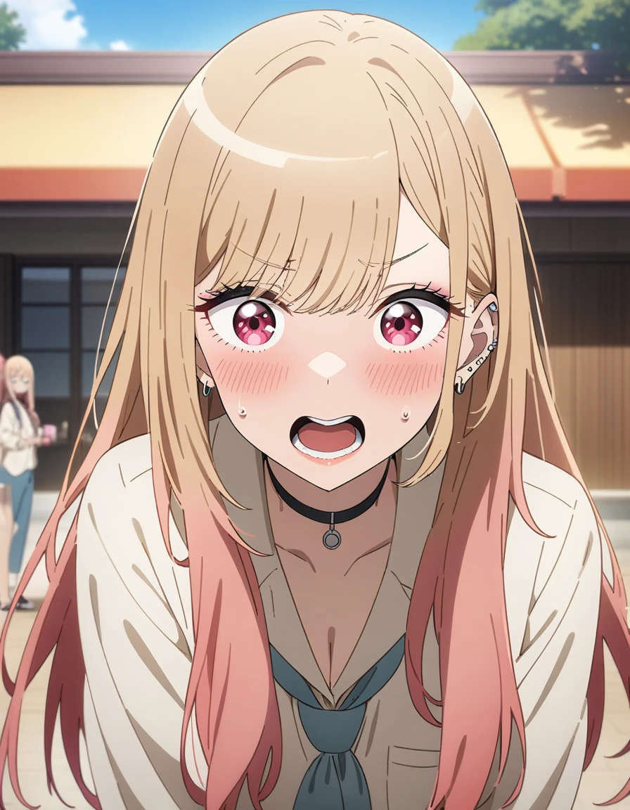 masterpiece, best quality, very aesthetic, absurdres, 1girl, kitagawa marin, sono bisque doll wa koi wo suru, large breast, expression of shocked or startled surprise, outdoors, key visual, highly detailed, looking at viewer, front view, upper body