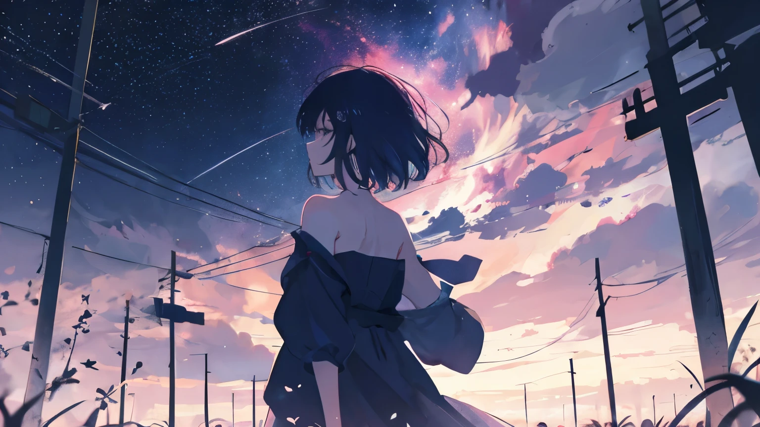 dress in wind, Hands up, dusk, black starry sky、during nightime, anime vibes, Midsummer mystical nebula pattern aesthetics, ​​moon, Erogeo Art Style , Anime Aesthetics, Loffiman, artistic. anime vibes, lofi art, anime art wallpaper 4k, anime art wallpaper 4k、pronounced shades、back facing viewer, Transparent
