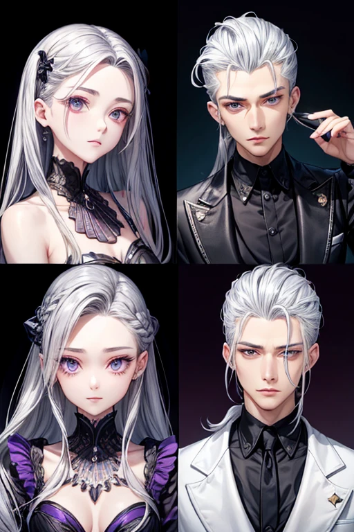 A hairstyle in which the entire hair is slicked back、Odd Eye、Silver hair back、male、Her hair is shoulder-length、Odd Eye、maleの左目赤色、male右目青、Purple coat、Increase the wide angle、Clear Eyes、