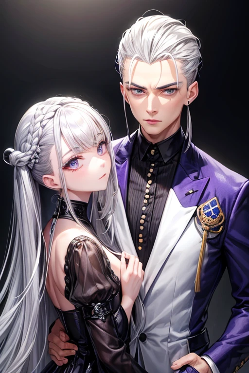 A hairstyle in which the entire hair is slicked back、Odd Eye、Silver hair back、male、Her hair is shoulder-length、Odd Eye、maleの左目赤色、male右目青、Purple coat、Increase the wide angle、Clear Eyes、