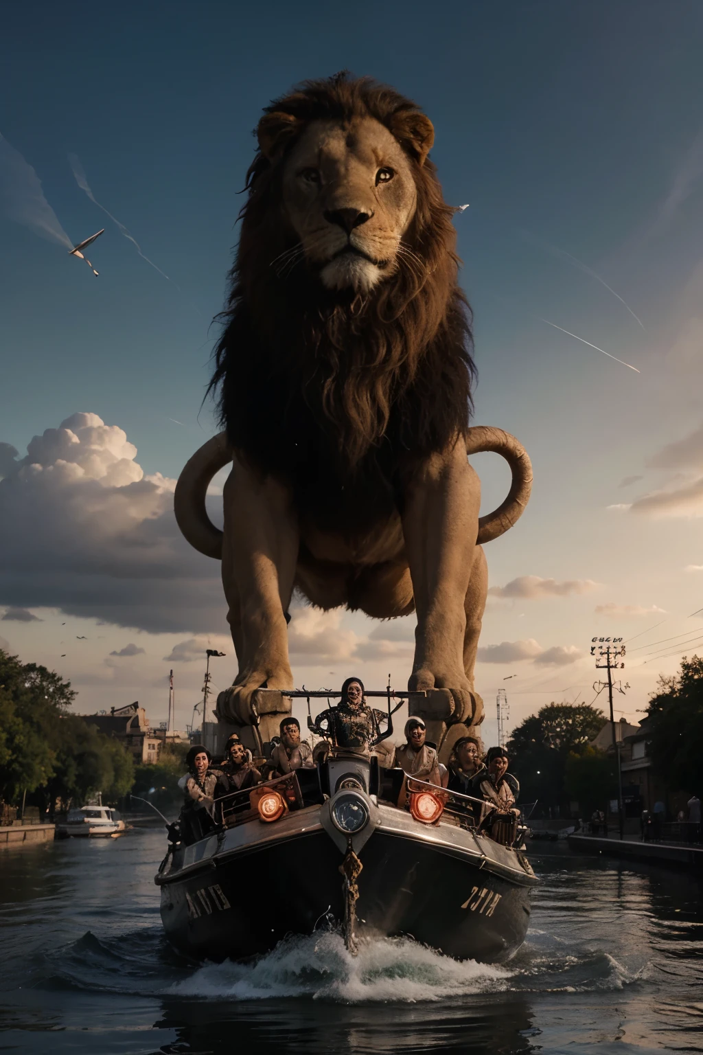 Soldados na linha de frente, a lion in front of them protecting them roaring at the devil in front. In the sky, a river of God descends towards them with musical notes coming out of the river In Disney pixar mode 