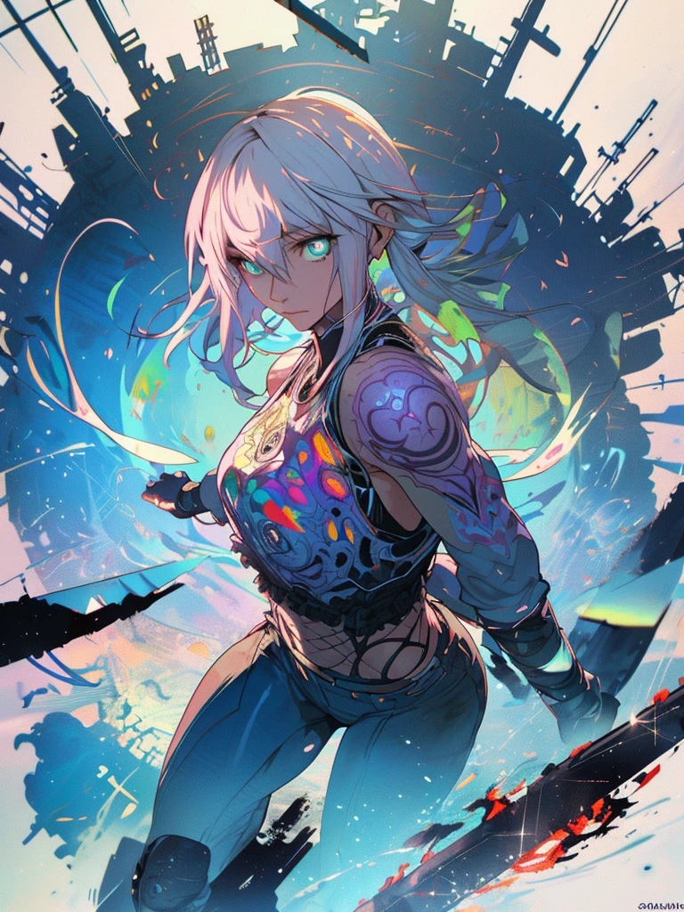 Young girl, using thunder magic in hands, magic aura, short hair, blonde hair,Short Women Hairstyle With Shaved Sides , blue eyes, Arm tattooed with thunder, black thunder tattoos, white tank shirt shirt, black letter pants, in a city, in a storm, Night, thunder in the sky, 4k