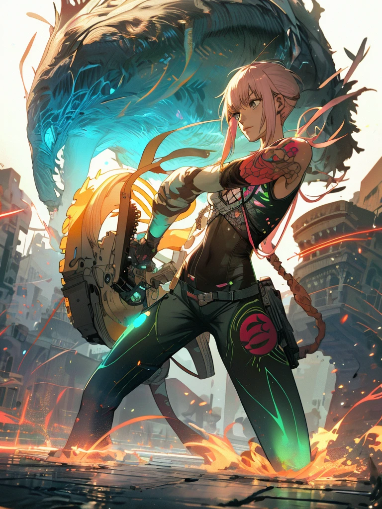 gwenpool, ((assassin style)),((Doragon)),water world,Colosseum,saibe,tattoo,no clothes,Savage,small bust,robot hand,Shoulder-length messy hair, no clothes,Detailed beautiful face,Delicate and beautiful eyes,shield,happy, mail, Super fine skin,Beautiful slim style anime girl, Super detailed painting, Luminism, Concept art by Carne Griffiths and Wadim Kashin, 4K resolution, Fractal isometric detail bioluminescence , 3D rendering, octane rendering, complexly detailed , ish, Trending isometric center hyperrealistic cover photo awesome full color on artstation, Hand Painted , Gritty, Realistic Mucha , complex, Hit definition , ish,rough sketch, Thick lines, on the paper, (saiber punk:1.4), frills,lace,frills,lace,frills,lace
BREAK
((Cool oversized chainsaw in hand)), ((Super large cool weapon machine)),open stance, Action pose,
White background,simple background,Wide-angle lens