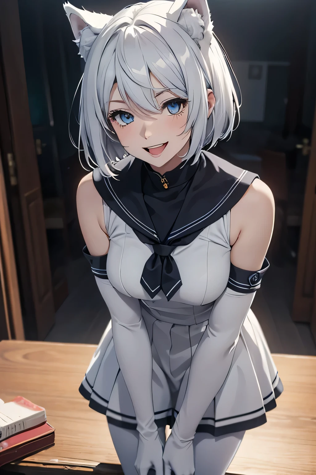 Tabletop High resolution Best image quality 8k Adult female Portraiture White long gloves(Elbow Gloves) White Pantyhose Sailor suit(Sleeveless) White wolf ears short hair((Shortcuts)(Gray Hair)(Perm)(fluffy)) Eye color is blue Attractive face((Laughter)(smile)(Open your mouth)) Are standing Place your hands on your knees slouch
