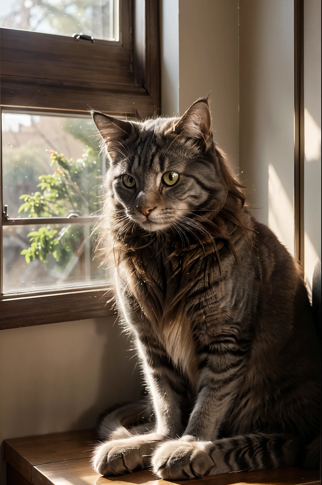masterpiece, high quality, realistic, long-haired solid gray cat, captivating amber eyes, sitting majestically on a windowsill, sunlight streaming through, casting a warm glow on his fur, exuding an air of tranquility and grace.