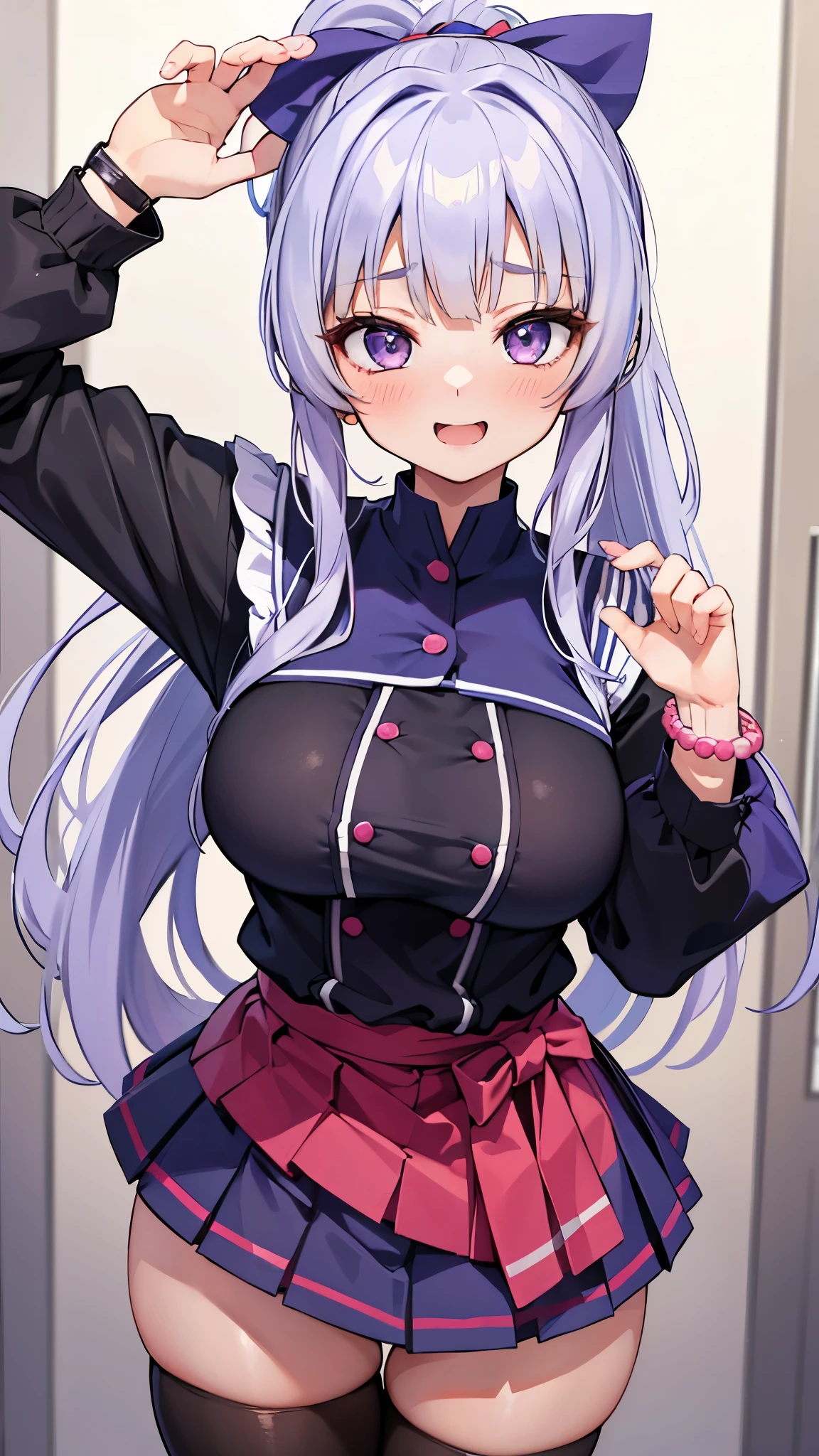 8k, Solo Beautiful (Kogaru Gal) girl, Aika Takane, ponytail, Hair Ribbon, false smile,
hair accessory, jewelry, bracelet, [compensate], 
, Pleated skirt, zettai ryouiki, 
 Pose for a photo, Sexually suggestive, Giggling,