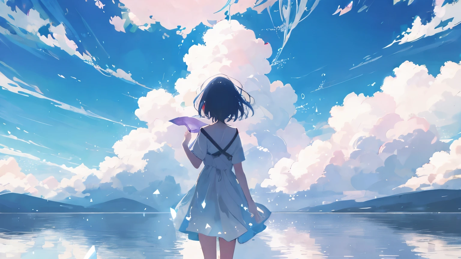 dress in wind, Hands up, Start of the day,Blue Blue Sky、during daytime, anime vibes,Midsummer crystal clear blue sky pattern aesthetics, clouds, Erogeo Art Style , Anime Aesthetics, Loffiman, artistic. anime vibes, lofi art, anime art wallpaper 4k, anime art wallpaper 4k、pronounced shades、back against viewer, Transparent