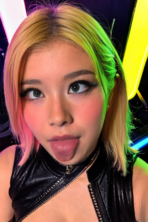 (ultra realistic),Photo, high quality, Analog Photography Ahegao , (low lighting), (neon atmosphere) light background ,portrait of a girl, Ahegao, blonde,chölka, view from above, detailed eyes,