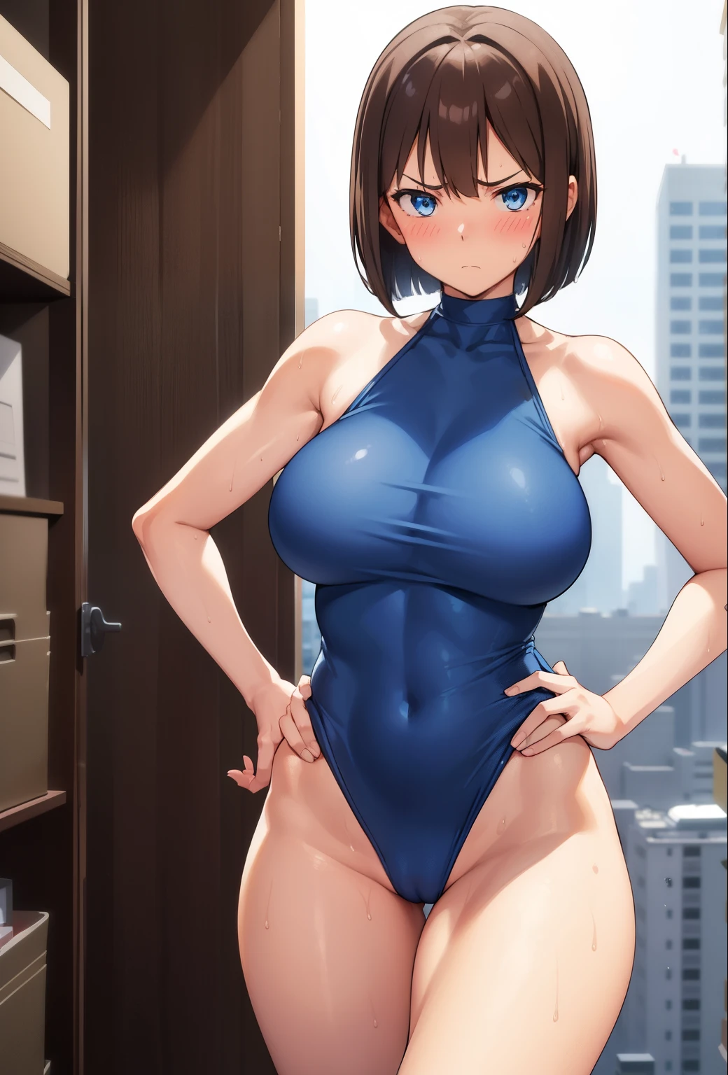 1 girl,Blue leotard,Super High Leg Cut,blue eyes,Serious face,Brown Hair,Bob Hair,New York City,Big Breasts,blush,Sweat,barefoot,bare hands,thin;office,Are standing,Embarrassing,Place hands on hips,