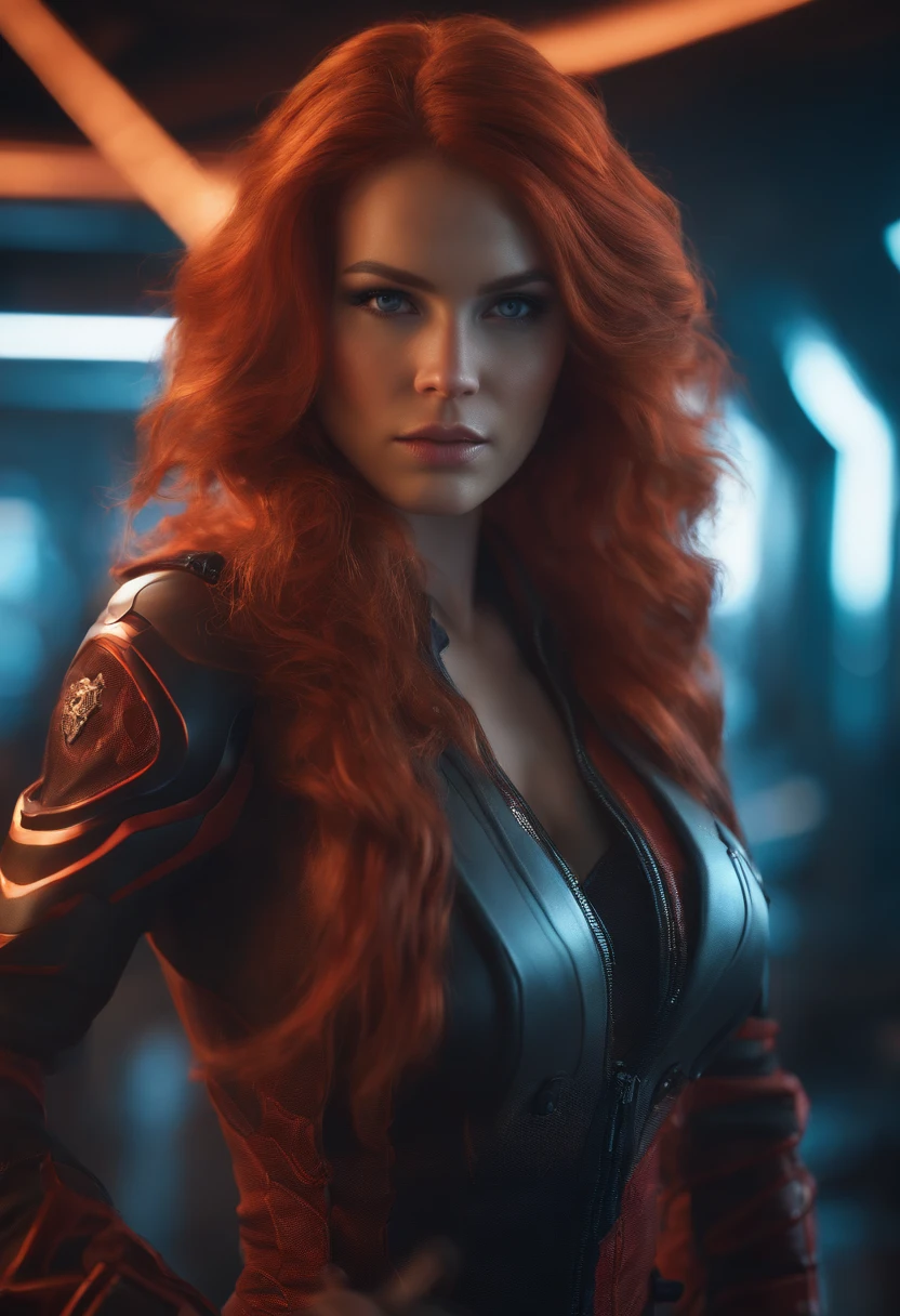 cryptic girl long wavy red hair, hand futuristic weapondary, sexy outfit, unreal engine, HD, hyper detailed, photo realistic, warzone baackground, inferno event