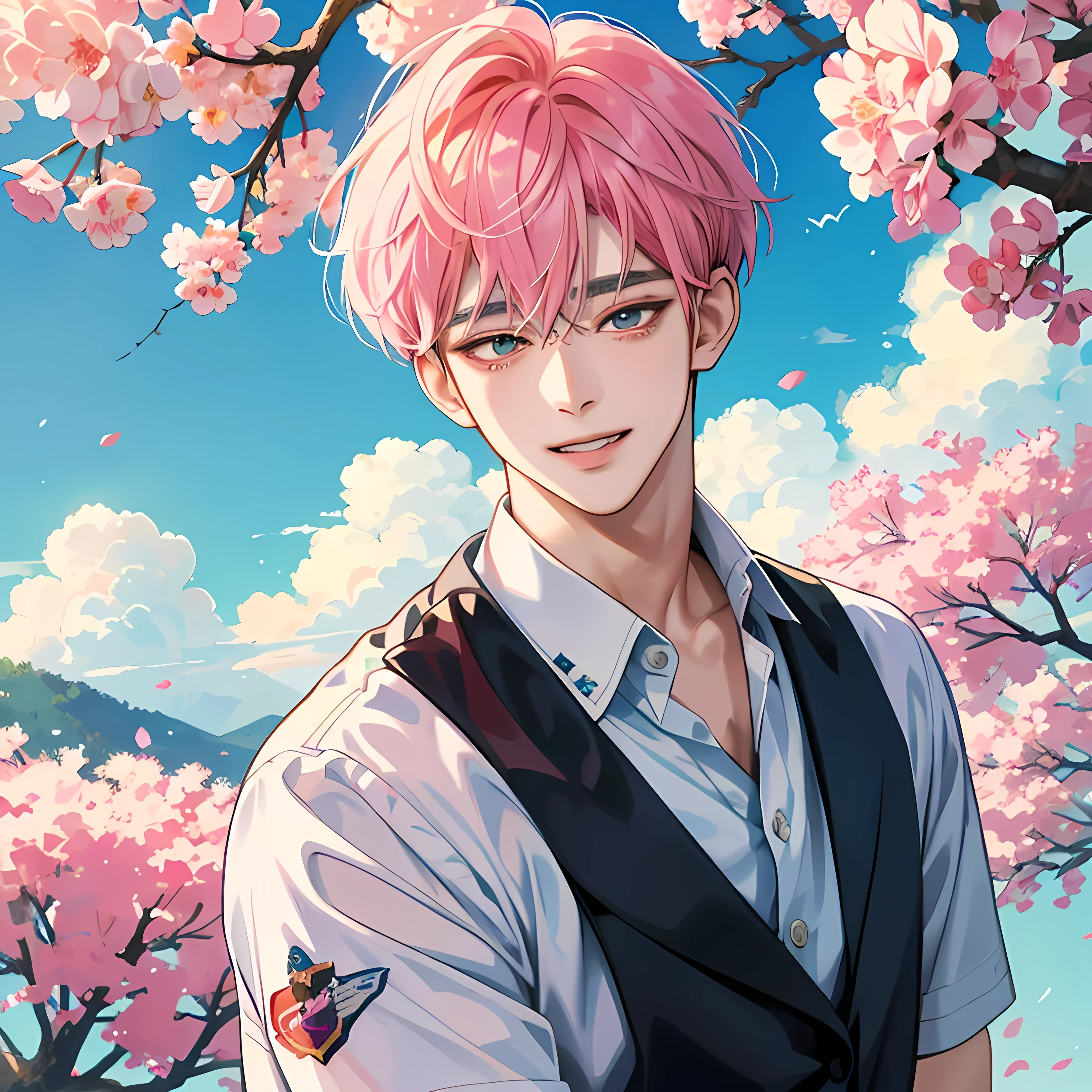 Guviz-style artwork, made with anime painter studio, Anime Realism Style, Realistic anime art style, painted in anime painter studio, Inspired by Kim Taehyung, In an anime style, anime handsome guy, Inspired by Kim Taehyung, anime realism、Pink hair、A smile、Flushed cheeks、open your mouth wide、short-hair