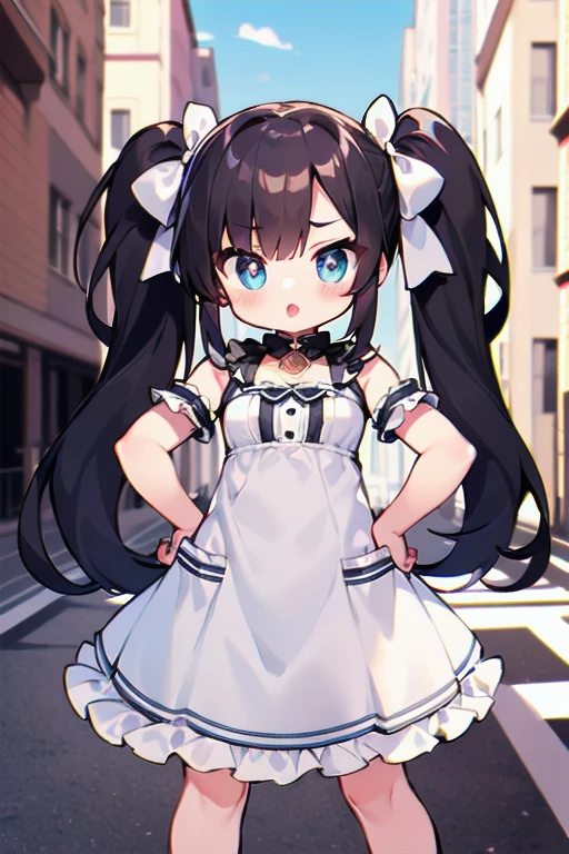masterpiece, highest quality, Long Hair, Twin tails, Black Hair, blue eyes, Ruffled Dress, Elbow hand pockets, Outdoor, Hands on hips,