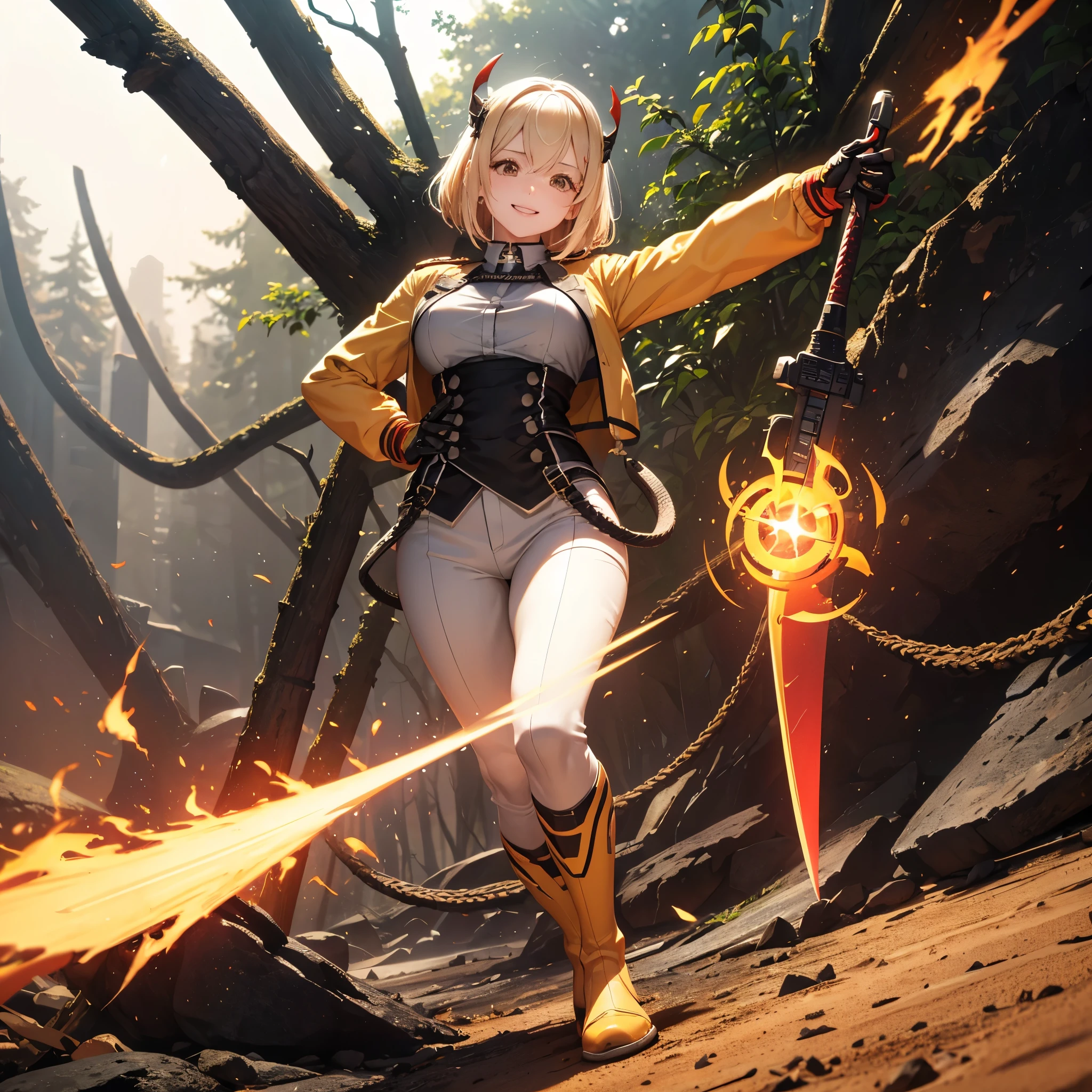 A woman wearing a classic yellow power ranger costume, tight yellow pants, yellow long sleeve shirt, white gloves, white boots, short blonde hair, red bangs, brown eyes, walking on a forest floor, holding a sword with flames red, smiling, full body, drop shadow, anaglyph, stereogram, tachi-e, point of view, atmospheric perspective, 8k, superdetail, accurate, best quality, award-winning, textured skin, high resolution, anatomically correct, bokeh effect, (( solo woman)
