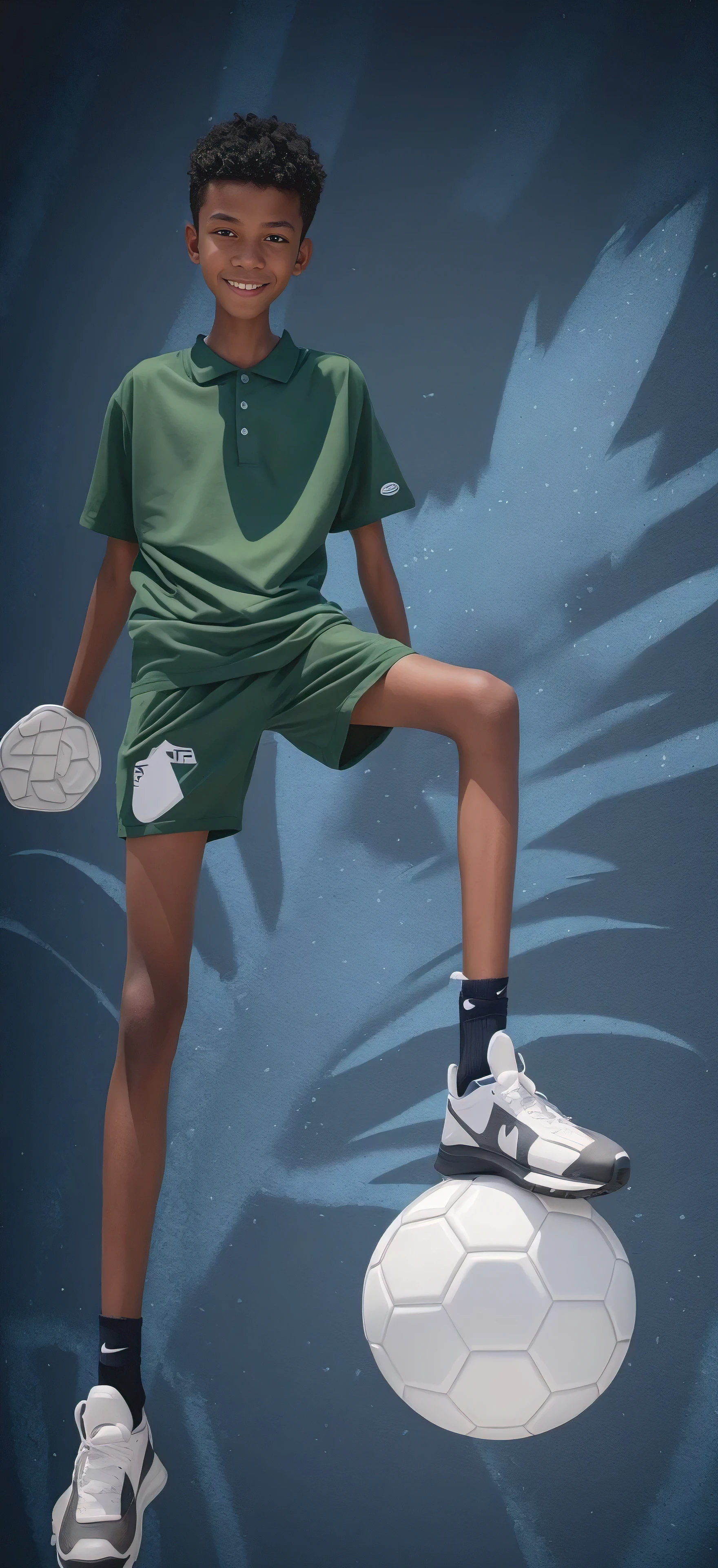 boy,(Wearing white tennis clothes,Wearing green socks),Dark skin,Big round eyes,Very short hair,Tall and skinny,Toothy Smile,Sharpen details,Knee Band-Aid Scar