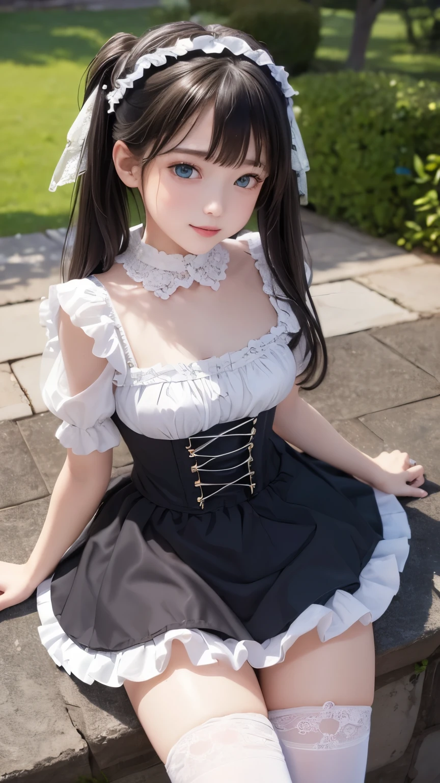 ((masterpiece)), ((highest quality、Ultra high definition)), (Very detailed),8K、(Photo quality)、(((Amazingly cute girl))), -yeld gi (Beautiful emerald blue eyes), ((smile)),Glossy lips、In the open-air bath overlooking the sea, Beautifully arranged black hair in twin tails、Lace fabric ribbon、whole body、(Slim figure)、((Super high-end white see-through summer gothic lolita maid costume、A super mini skirt with lots of frills))、Professional Lighting、(White lace knee-highs)、(More detailed and beautiful)、(More details and cutenesore realistic)、White panties are visible、