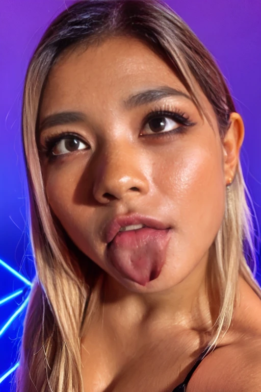 (ultra realistic),Photo, high quality, Analog Photography Ahegao , (low lighting), (neon atmosphere) light background ,portrait of a girl, Ahegao,chölka, view from above, detailed eyes,Brest