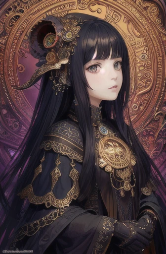 (masterpiece, top quality, best quality, official art, beautiful and aesthetic:1.2), (1girl), extreme detailed,(fractal art:1.3),colorful,highest detailed, steampunk, horror, Cthulhu, dark and bright contrast, shadowy figures in the background, Byzantine complex pattern, gilded, beautiful girl, mysterious, distant, many worlds