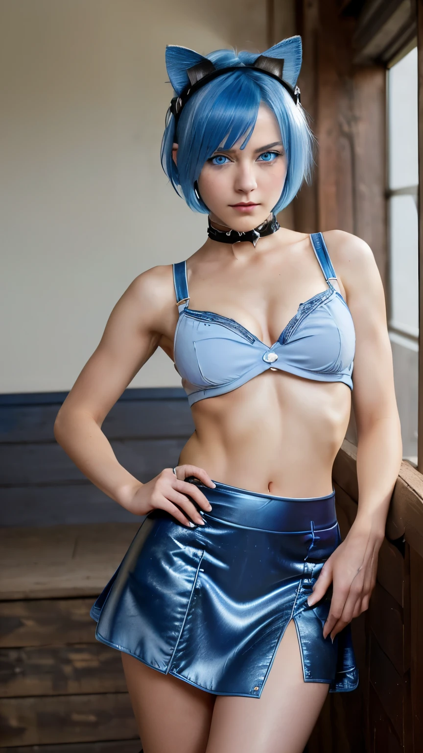 (intrincate details: "(a character in an realistic human style, woman has big blue eyes and blue hair, solo 1girl 18 years old, blue hair, cute, symmetrical face, covered nipples, firm breasts, ((slim build)), young woman, beak of pocky cat ears, white very short and slim crop top, (black short), looking at viewer, very short cowboy mini skirt, medium breasts, blue eyes, short hair, armor, very sexy)