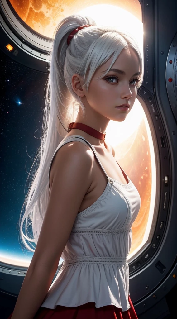 masterpiece, high quality, HCNONE, 1 girl, white hair, Ponytail, Red sundress, Cosmic background outside the porthole of a spaceship, Warm gaze, Solar eclipse background