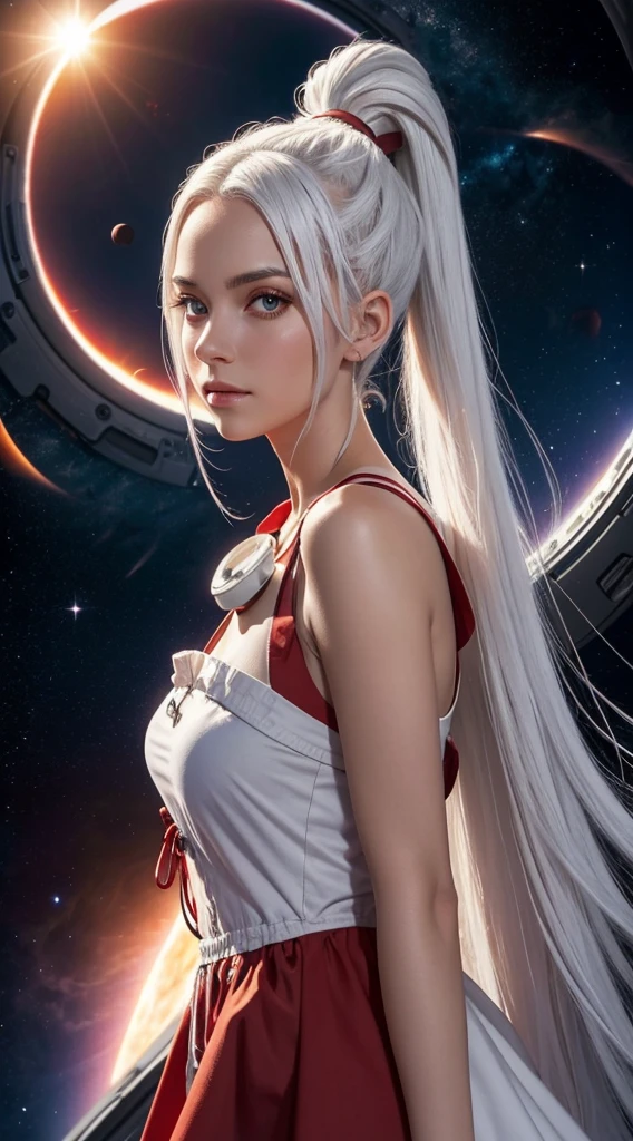 masterpiece, high quality, HCNONE, 1 girl, white hair, Ponytail, Red sundress, Cosmic background outside the porthole of a spaceship, Warm gaze, Solar eclipse background