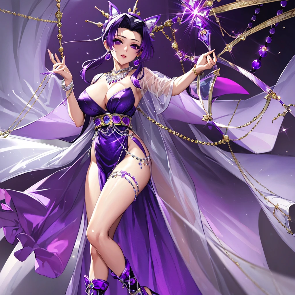 ((highest quality)), ((masterpiece)), (detailed), (Perfect Face)、The woman is Shinobu Kochou and has purple hair.、Wearing a gorgeous shiny purple long slit see-through dress and a furry purple see-through cape、Jeweled earrings, necklaces, bracelets, ankle bracelets, waist chains and head dress chains are available for customers.、Wearing shiny purple boots