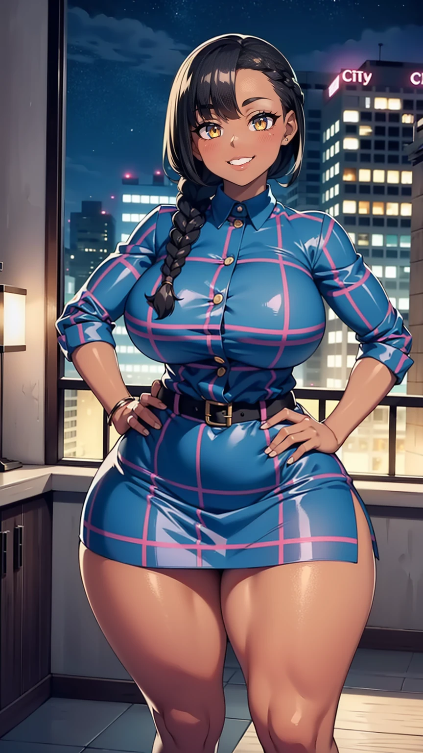 4K Quality, outside, grinning, sexy pose, dark blue plaid miniskirt, wide hips, hand on hip, (dark skinned), thick thighs, big breasted, big ass, looking at viewer, braided hair, amber eyes, night time, bedroom eyes dy, city background, pale lipstick, pretty eyes, dim lights, thick thighs, cute smile,