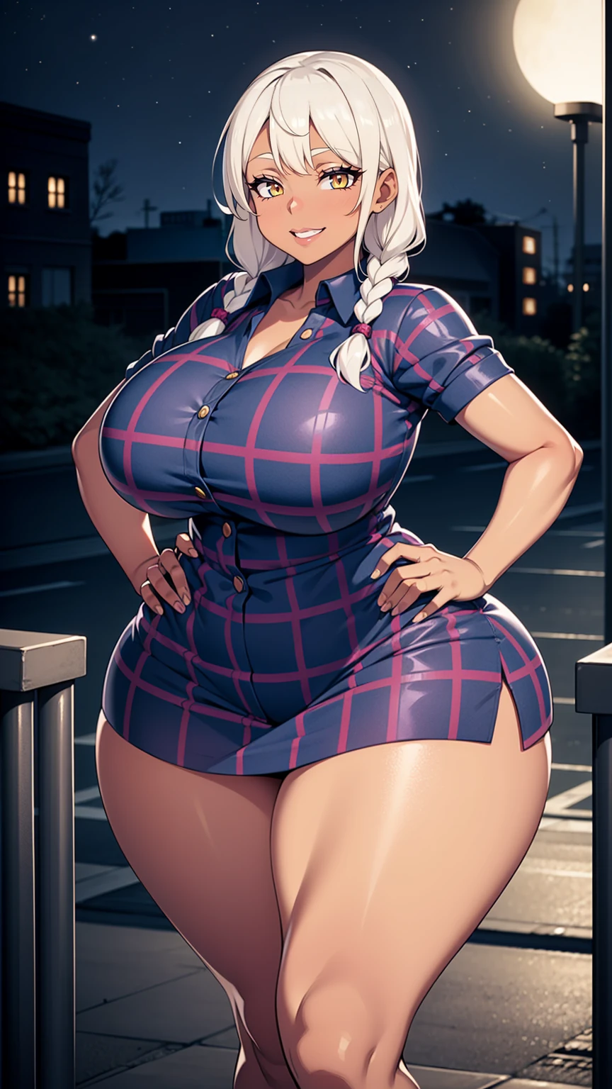 4K Quality, outside, grinning, sexy pose, dark blue plaid miniskirt, wide hips, hand on hip, (dark skinned), thick thighs, big breasted, big ass, looking at viewer, braided hair, amber eyes, night time, bedroom eyes dy, city background, pale lipstick, pretty eyes, dim lights, thick thighs, cute smile,