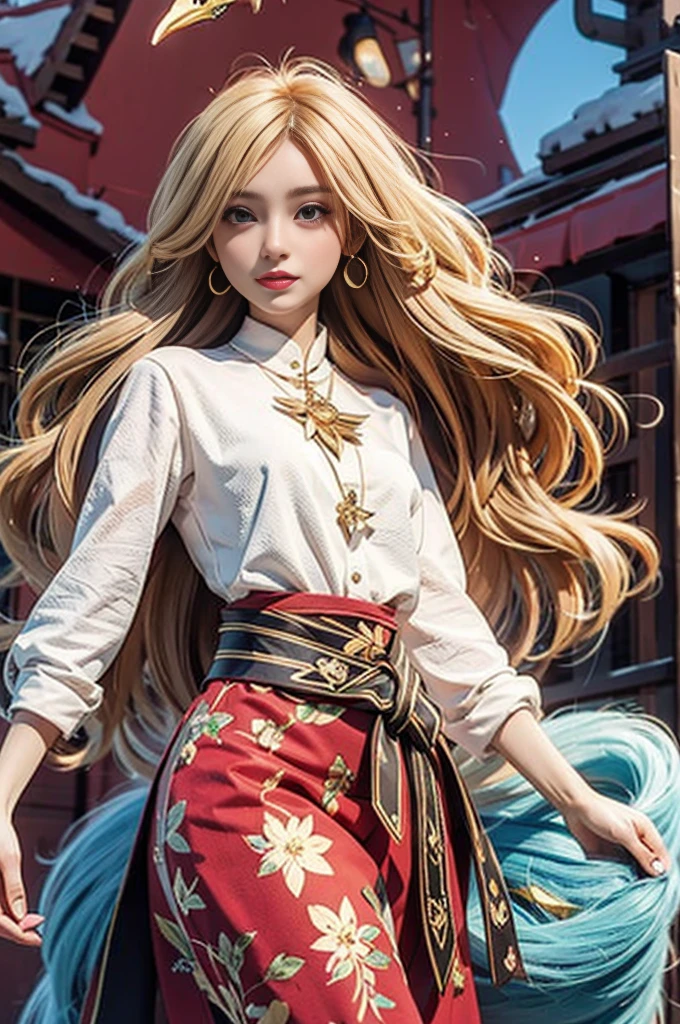 Beautiful bird woman, blond, painter, magic garden, Red Cliff
