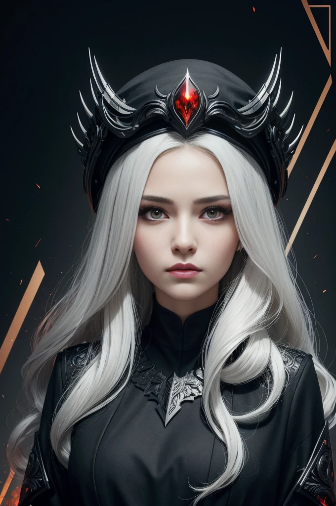 Portrait of a beautiful girl with wavy white hair, Wear a formal black dress with metallic parts, Red Eyes, Letter combination on background, number, Dark, 8k, Intricate details, High quality, 复古future风格, Sharp focus on the center, Soft colors, Art Station, (Science Fiction, future, future theme), (A contemptuous expression appeared on his face), (Detailed description)