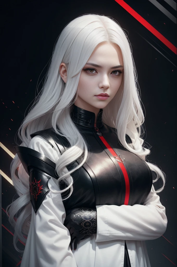 Portrait of a beautiful girl with wavy white hair, Wear a formal black dress with metallic parts, Red Eyes, Letter combination on background, number, Dark, 8k, Intricate details, High quality, 复古future风格, Sharp focus on the center, Soft colors, Art Station, (Science Fiction, future, future theme), (A contemptuous expression appeared on his face), (Detailed description)