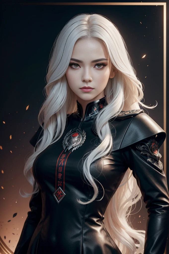 Portrait of a beautiful girl with wavy white hair, Wear a formal black dress with metallic parts, Red Eyes, Letter combination on background, number, Dark, 8k, Intricate details, High quality, 复古future风格, Sharp focus on the center, Soft colors, Art Station, (Science Fiction, future, future theme), (A contemptuous expression appeared on his face), (Detailed description)