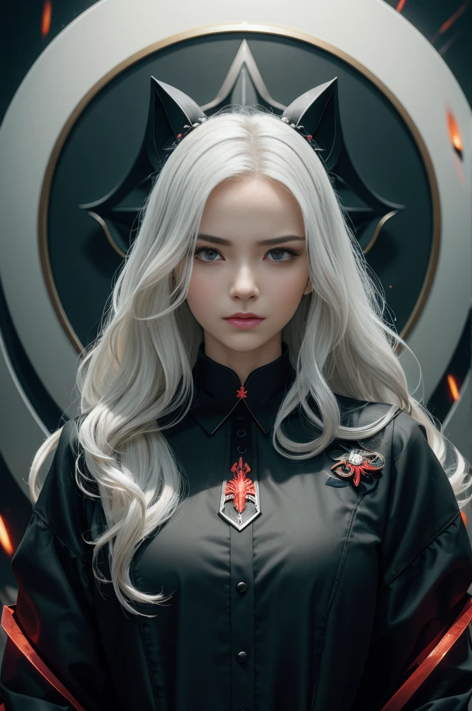 Portrait of a beautiful girl with wavy white hair, Wear a formal black dress with metallic parts, Red Eyes, Letter combination on background, number, Dark, 8k, Intricate details, High quality, 复古future风格, Sharp focus on the center, Soft colors, Art Station, (Science Fiction, future, future theme), (A contemptuous expression appeared on his face), (Detailed description)