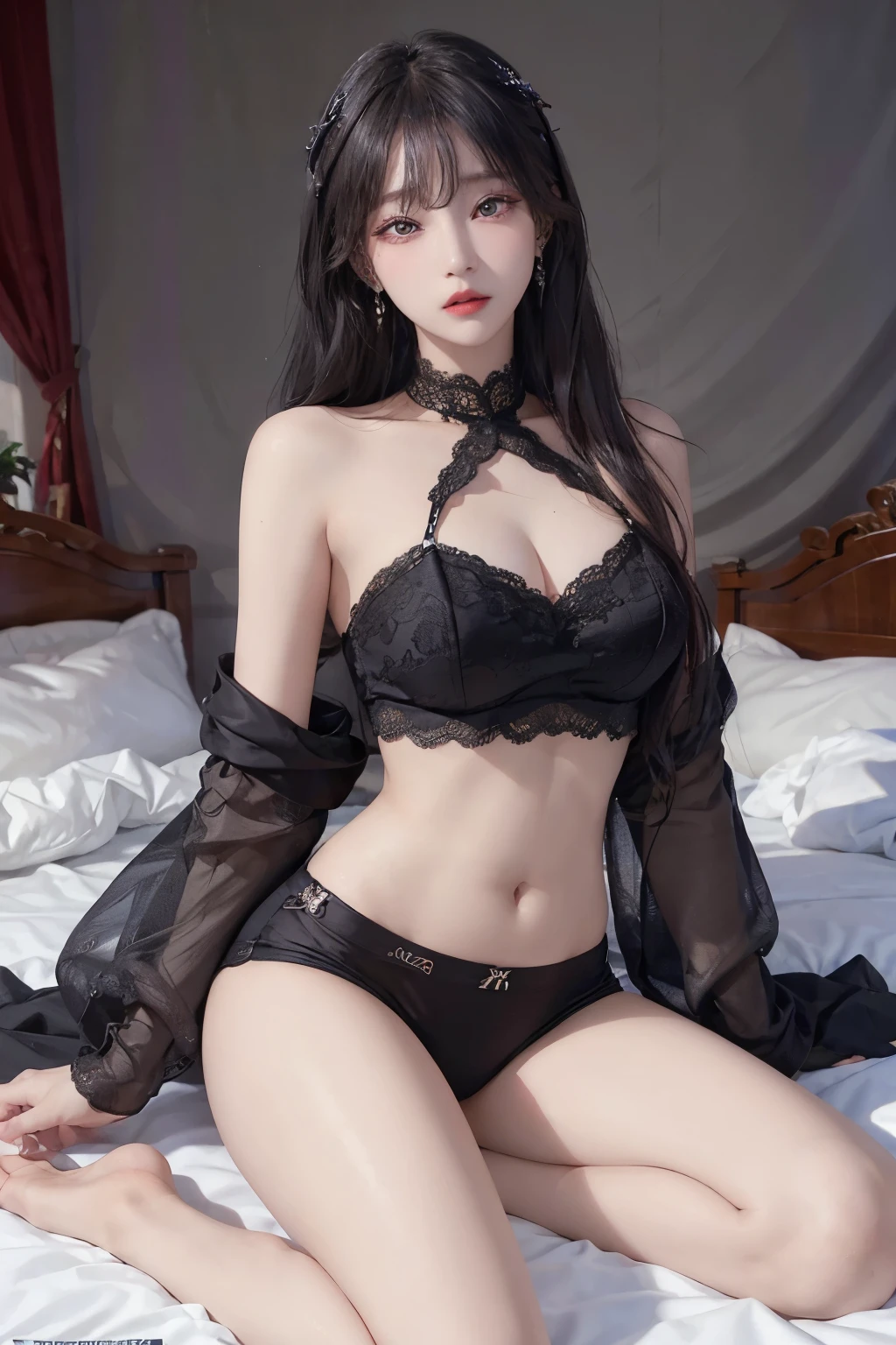Top image quality、Raw photography、A high resolution、20-year-old cool Korean、big round chest、lace crop top、Beautiful Eyes of Details、very elongated eyes、Beautiful eyelashes、Beautiful double eyelids、eyeshadows、long legs,medium thighs, beautiful eyes finely detailed、elongated eyes、long eyeslashes、Beautiful double eyelids、eyeshadows、earrings、shiny skin、 1 girl, solo, sexy pose, sexy lace boxers,