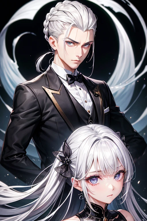 A hairstyle in which the entire hair is slicked back、Odd Eye、Odd Eye、Silver hair back、male、Her hair is shoulder-length、Odd Eye、maleの左目赤色、male右目青、Increase the wide angle、Clear Eyes、black gold suit、Background white、